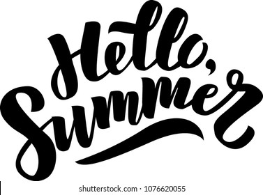 Vector illustration: Hand drawn lettering composition of Hello Summer with doodle sun. Handwritten calligraphy design.