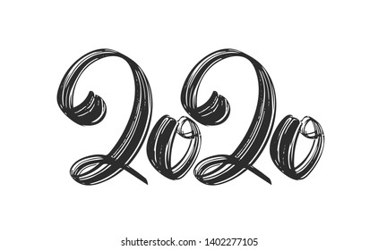 Vector illustration: Hand drawn lettering of 2020. Happy New Year. Chines calligraphy