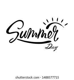 Vector illustration: Hand drawn lettering composition of Hello Summer with sun. Handwritten calligraphy design.