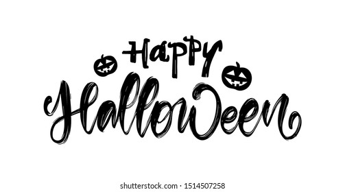 Vector illustration: Hand drawn lettering of Happy Halloween with pumpkins on white background