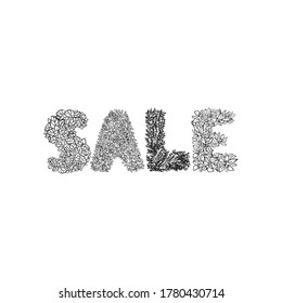 Vector illustration with hand drawn lettering - Sale. Word sale made of flowers. Colorful typography design for postcard, banner, poster, card, flyer