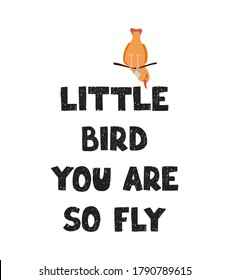 Vector illustration with hand drawn lettering - Little bird. Colourful typography design in Scandinavian style for postcard, banner, t-shirt print, invitation, greeting card, poster