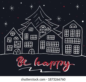 Vector illustration of hand drawn lettering phrase "Be happy" for card, poster, gift wrapping, congratulations or use in gift decoration. EPS10