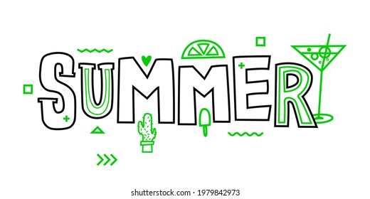 Ilustración vectorial Composición con letras dibujadas a mano del verano con elementos de doodle. Diseño de caligrafía manuscrita