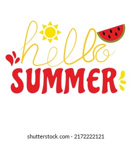Vector illustration Hand drawn lettering composition of Hello Summer with sun and watermelon Handwritten calligraphy design