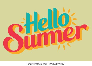 Vector illustration: Hand drawn lettering composition of Hello Summer with doodle sun. Handwritten calligraphy design.