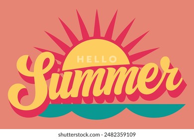 Ilustración vectorial: composición de letras dibujadas a mano de Hello Summer con doodle sun. Diseño de caligrafía manuscrita.