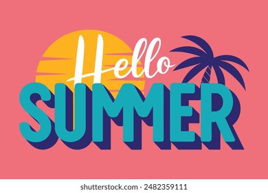 Ilustración vectorial: composición de letras dibujadas a mano de Hello Summer con doodle sun. Diseño de caligrafía manuscrita.