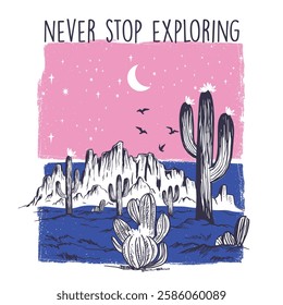 Vector illustration with hand drawn lettering - Never stop exploring. Colourful typography design in Scandinavian style for postcard, banner, t-shirt print,