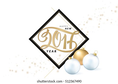 vector illustration of hand drawn lettering - happy new 2017 year - with frame, christmas ornaments and snowflakes