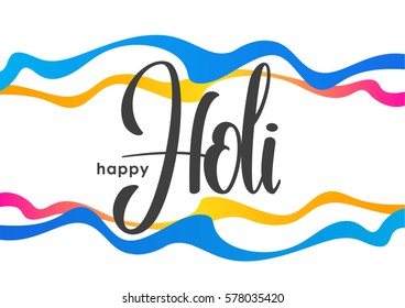 Vector illustration: Hand drawn lettering composition of Happy Holi with colorful waves.