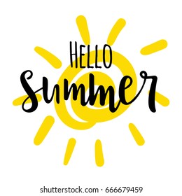 Vector illustration  Hand drawn lettering composition of Hello Summer with doodle sun. Handwritten calligraphy design.
