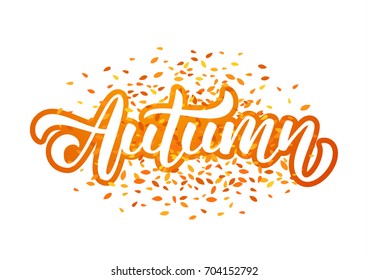 Vector illustration: Hand drawn lettering composition of Autumn with fall leaves 