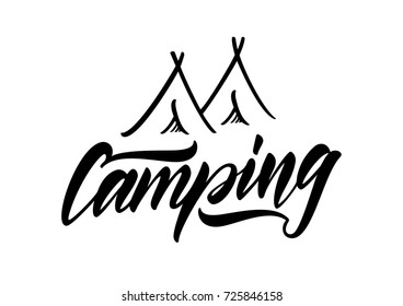 Vector illustration: Hand drawn lettering type emblem of Camping with tent. 