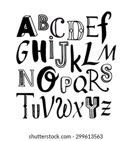 Vector illustration with hand drawn letters of the alphabet written with a brush on white background.