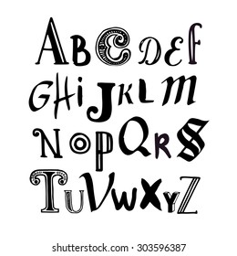 Vector illustration with hand drawn letters of the alphabet written with a brush on white background.