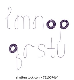 Vector illustration with hand drawn letters sequence from L to U in lowercase. Hatch font, good for lettering and  quotes writing