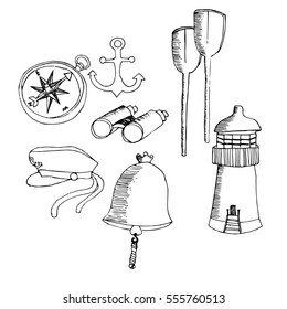 vector illustration. hand drawn lighthouse, oars, binoculars, compass, anchor, bell, hat