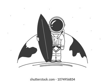 Vector illustration: Hand drawn line astronaut surfer with surfboard