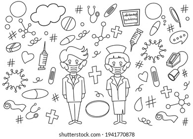 Vector illustration hand drawn line drawing doctor with nurse and medical equipment