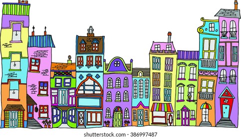 Vector illustration Hand drawn line drawings of various whimsical houses and buildings with bright colors