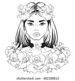 Vector illustration in hand drawn line style. Portrait of young beautiful girl with flowers and choker. Template for card poster banner and print for t-shirt.