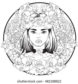 Vector illustration in hand drawn line style. Portrait of young beautiful girl with flowers and choker. Template for card poster banner and print for t-shirt.