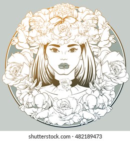 Vector illustration in hand drawn line style. Portrait of young beautiful girl with flowers and choker. Template for card poster banner and print for t-shirt.