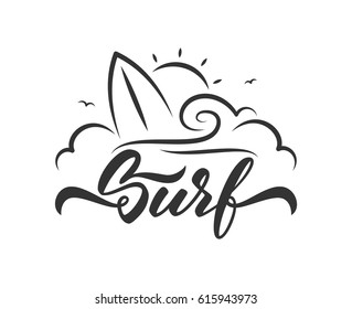 Vector illustration: Hand drawn line emblem with lettering of Surfing with waves, surfboard and sun.