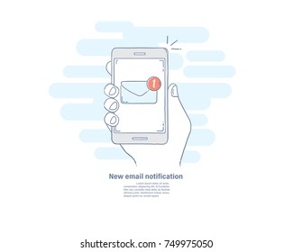 Vector illustration hand drawn line flat icon of new email notification on smart phone in holding hand. Smartphone screen with new e-mail message