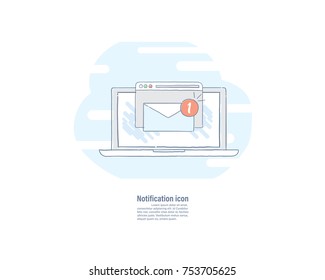 Vector illustration hand drawn line flat icon of new e-mail notification on laptop screen. 
