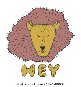 Vector illustration with hand drawn lion head and a word "Hey".