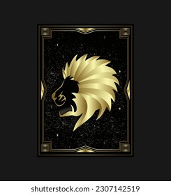 Vector illustration with hand drawn lion on black background. Golden linear shape. Premium card design.