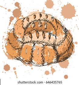 Vector illustration, hand drawn loaf, outlines of bread with abstract brown fill and sprays