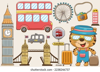 Vector illustration of hand drawn London city elements, funny cat with travel bag