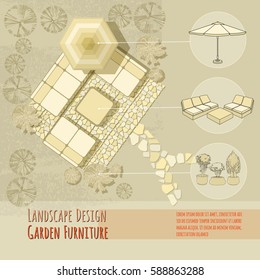 Vector illustration of hand drawn lounge chairs under patio umbrella and flowers in pot. Garden accessory on beige  background. Landscape design. Summer backyard with outdoor furniture.  Top view.