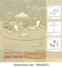 Vector illustration of hand drawn lounge chairs under patio umbrella and flowers in pot. Garden accessory on beige  background. Landscape design. Summer backyard with outdoor furniture. Rest area.