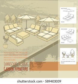 Vector illustration of hand drawn lounge chairs under patio umbrella and flowers in pot. Garden accessory on beige  background. Landscape design. Summer backyard with outdoor furniture. Rest area.