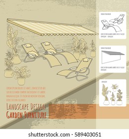Vector illustration of hand drawn lounge chairs under patio awning and flowers in pot. Garden accessory on beige  background. Landscape design. Summer backyard with outdoor furniture. Rest area.