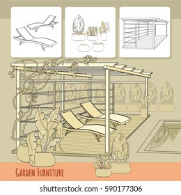 Vector illustration of hand drawn lounge chairs, patio,  pergola and flowers in pot. Garden accessory on beige  background. Landscape design. Summer backyard with outdoor furniture. Rest area.