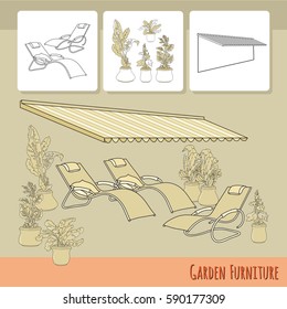 Vector illustration of hand drawn lounge chairs under patio awning and flowers in pot. Garden accessory on beige  background. Landscape design. Summer backyard with outdoor furniture. Rest area.