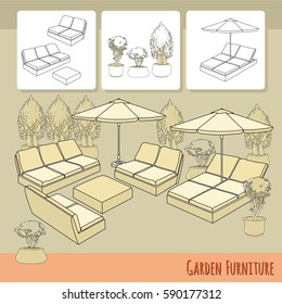 Vector illustration of hand drawn lounge chairs under patio umbrella and flowers in pot. Garden accessory on beige  background. Landscape design. Summer backyard with outdoor furniture. Rest area.