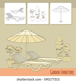 Vector illustration of hand drawn lounge chairs under patio umbrella and flowers in pot. Garden accessory on beige  background. Landscape design. Summer backyard with outdoor furniture. Rest area.