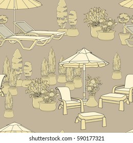 Vector illustration of hand drawn lounge chairs under patio umbrella and flowers in pot. Garden accessory on beige  background. Landscape design. Summer backyard with outdoor furniture.  