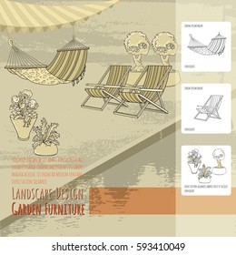 Vector illustration of hand drawn lounge chairs, hammock and flowers in pot. Garden accessory on beige  background. Landscape design. Summer backyard with outdoor furniture. Rest area.