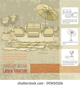 Vector illustration of hand drawn lounge chairs under patio umbrella and flowers in pot. Garden accessory on beige  background. Landscape design. Summer backyard with outdoor furniture. Rest area.