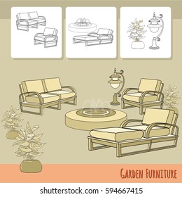 Vector illustration of hand drawn lounge chairs, lantern,  fountain and flowers in pot. Garden accessory on beige  background. Landscape design. Summer backyard with outdoor furniture. Rest area.
