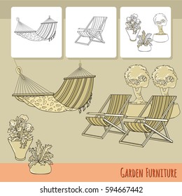 Vector illustration of hand drawn lounge chairs, hammock and flowers in pot. Garden accessory on beige  background. Landscape design. Summer backyard with outdoor furniture. Rest area.