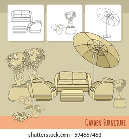 Vector illustration of hand drawn lounge chairs under patio umbrella and flowers in pot. Garden accessory on beige  background. Landscape design. Summer backyard with outdoor furniture. Rest area.