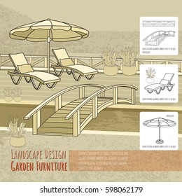 Vector illustration of hand drawn  lounge chairs under patio umbrella, bridge and flowers in pot. Garden accessory on beige  background. Landscape design. Backyard with outdoor furniture. Rest area.